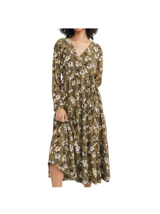 Madewell Dresses & Skirts - Madewell Cinch-Waist Tiered Midi Dress Wildblooms Olive Green Floral Cottage M
